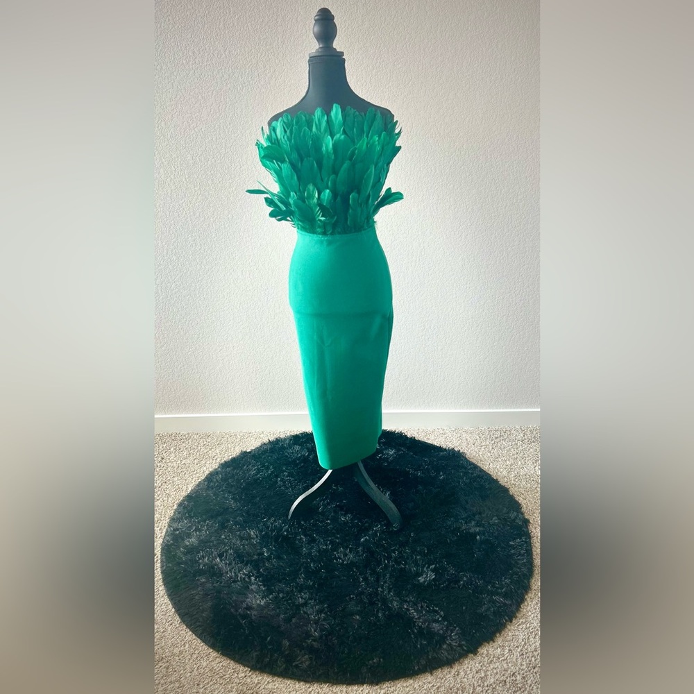 Emerald Feather-Trim Strapless Sheath Dress - Picture 2 of 4